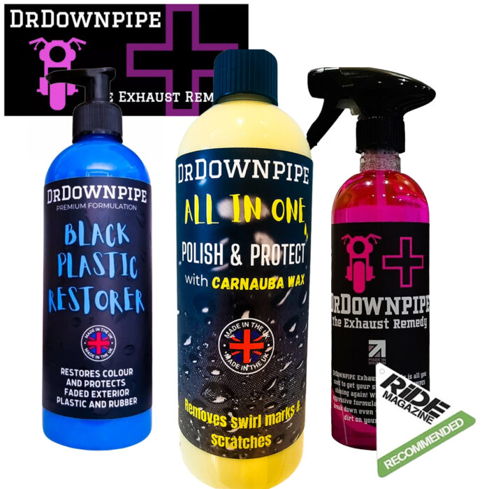 Dr Downpipe Motorcycle Bundle - Exhaust, Black Plastic Restorer & All In One Polish