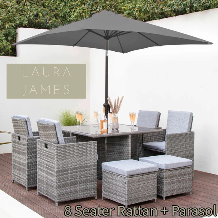 8 Seater Rattan Cube Outdoor Dining Set With Parasol - Colour Choice