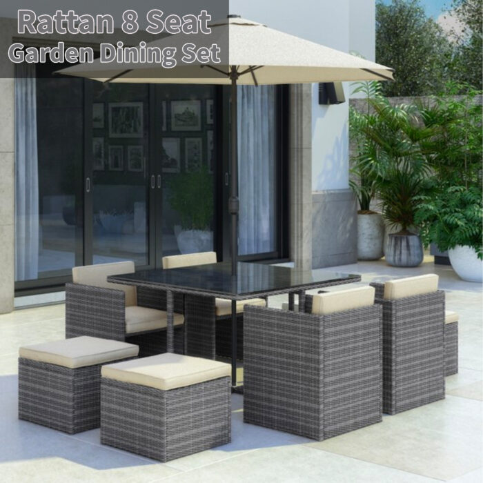 8 Seater Rattan Cube Garden Dining Set - Parasol Included