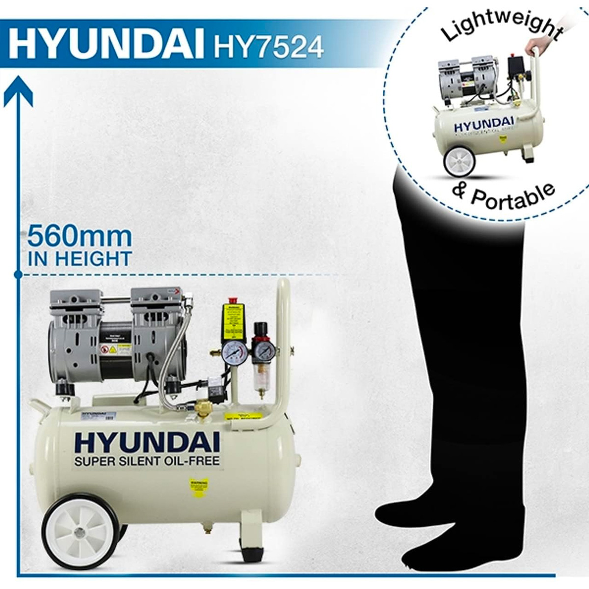 Hyundai 24 Litre Oil Free Low Noise Portable Garage Compressor - Image 7