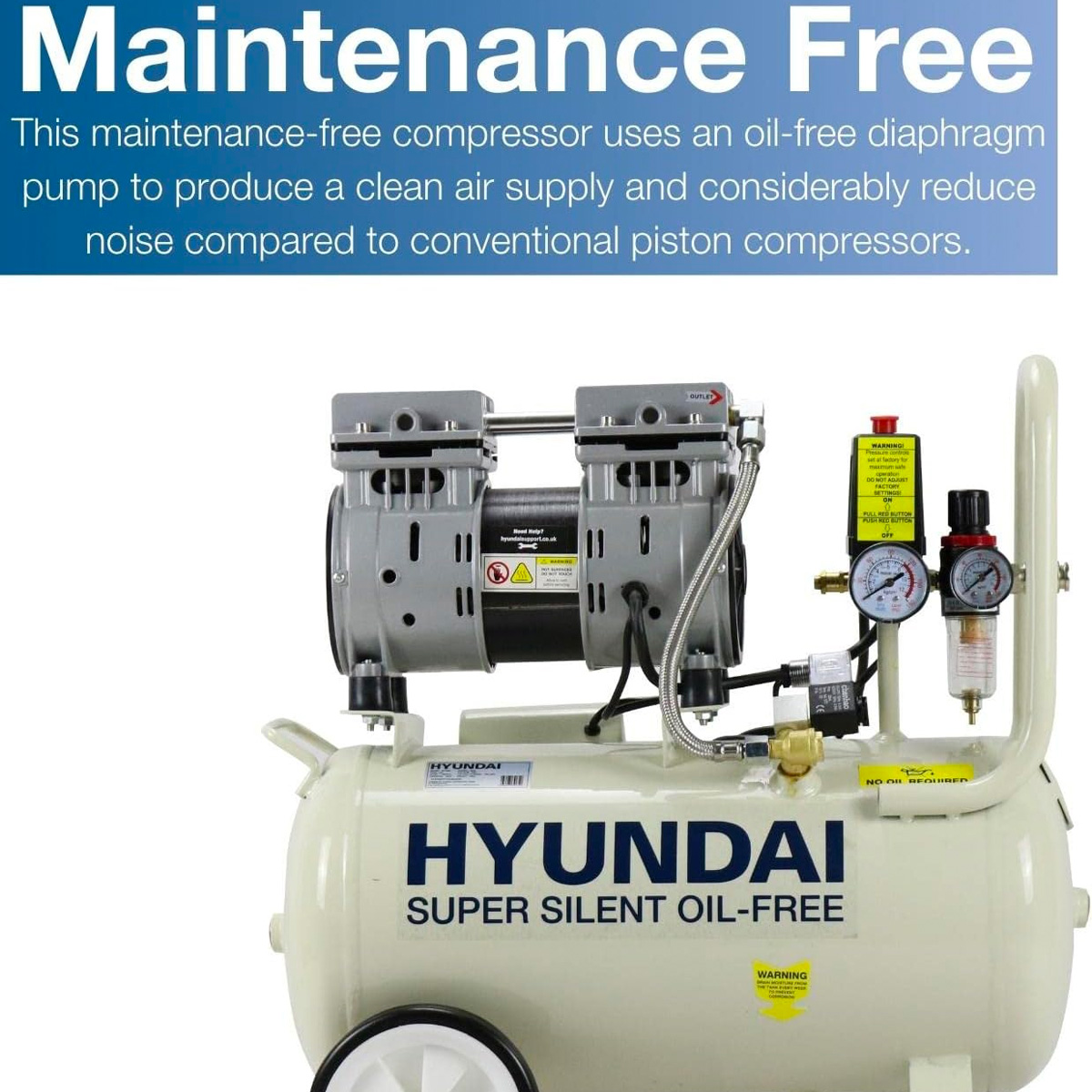 Hyundai 24 Litre Oil Free Low Noise Portable Garage Compressor - Image 5
