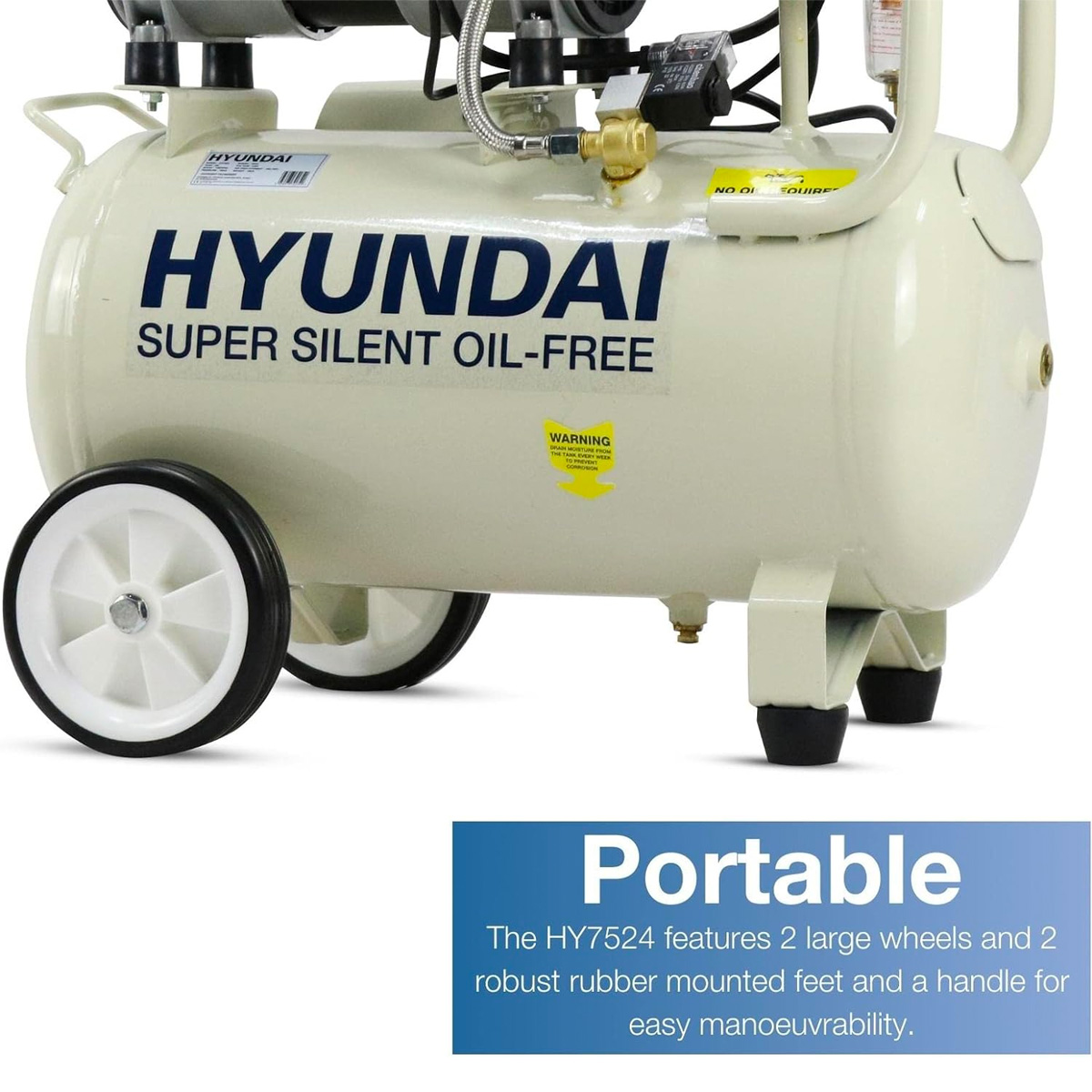 Hyundai 24 Litre Oil Free Low Noise Portable Garage Compressor - Image 4