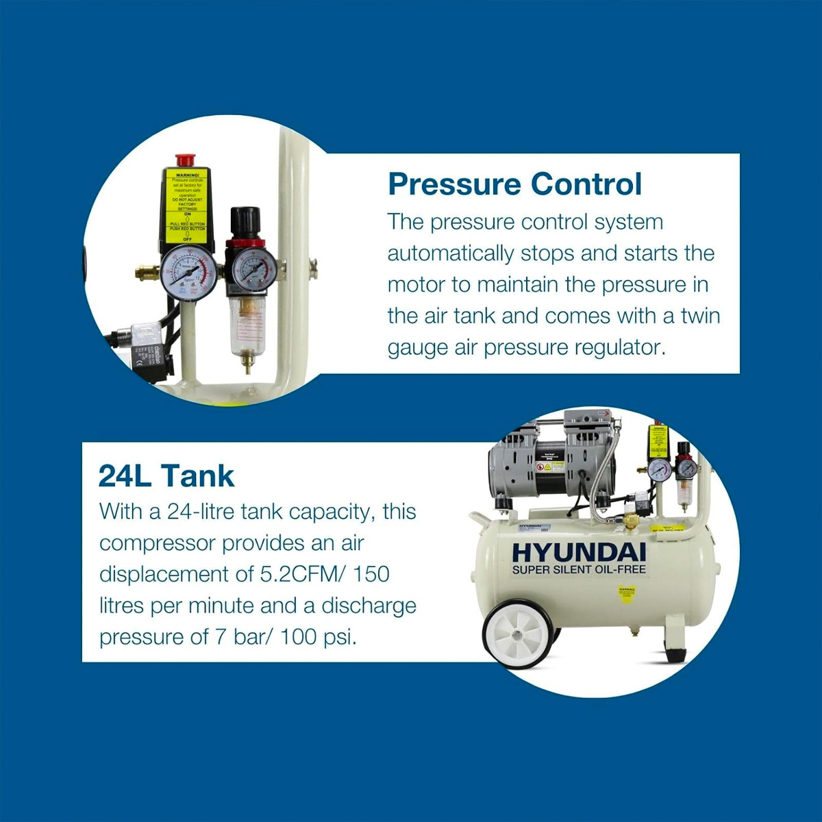 Hyundai 24 Litre Oil Free Low Noise Portable Garage Compressor - Image 3