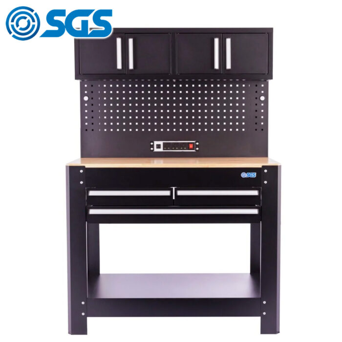 SGS Garage Workbench With Peg Board, Wall Cabinets & Electric Sockets