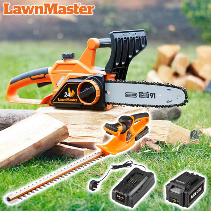 Lawnmaster Cordless Chainsaw & Hedge Trimmer With Batteries