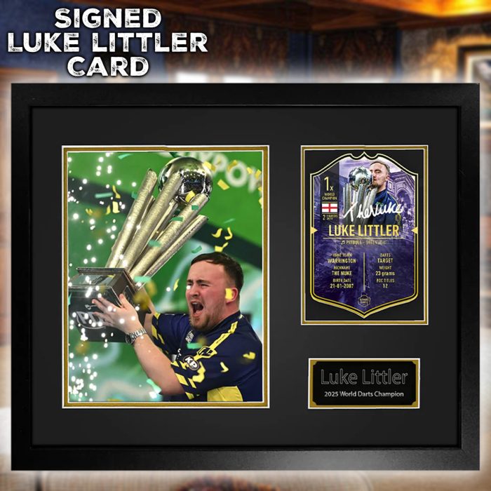 1 0f 50 Luke Littler Signed Ultimate Darts World Champion Card in Deluxe Mount Frame