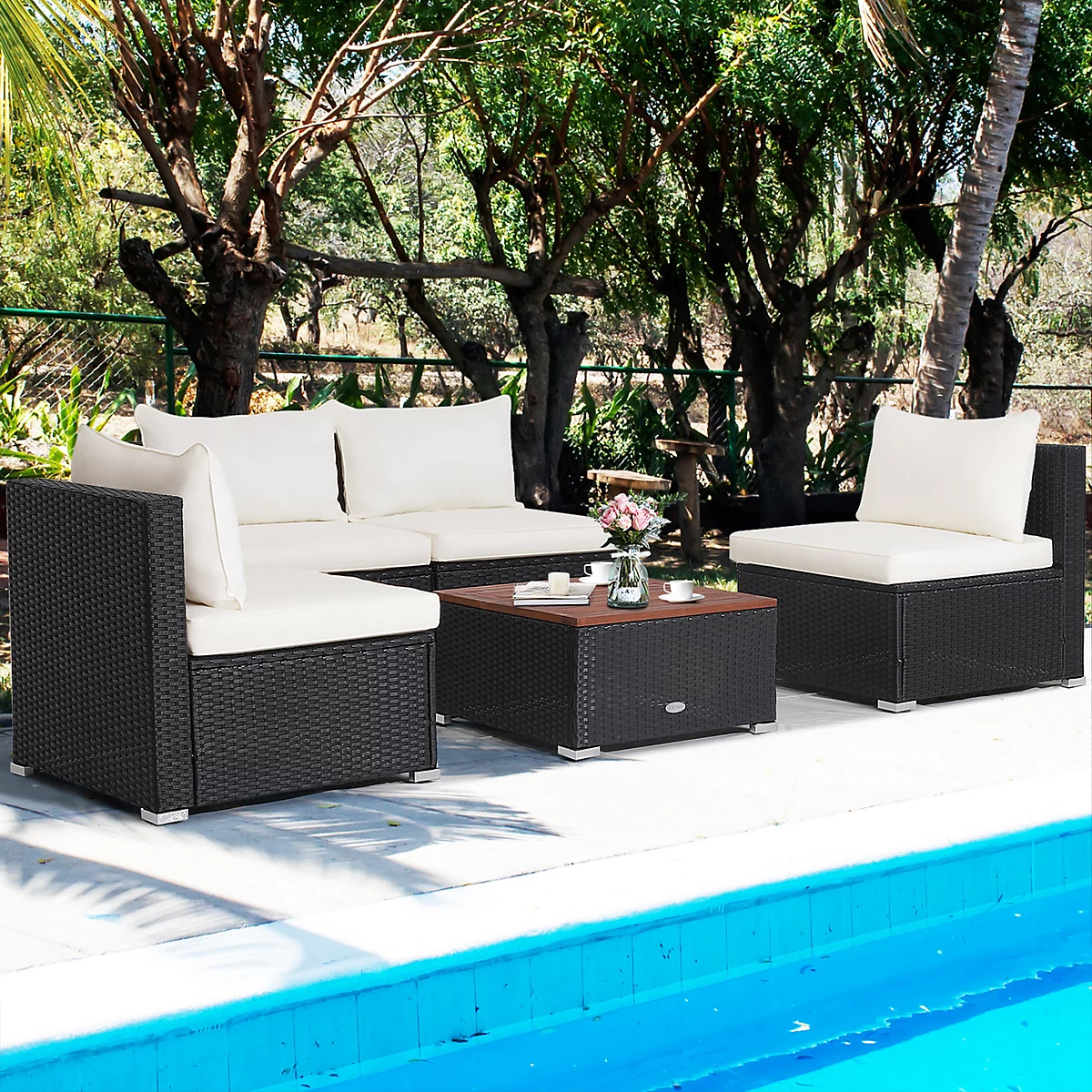 Costway 5 Piece Outdoor Wicker Garden Table & Sofa Set - Image 3