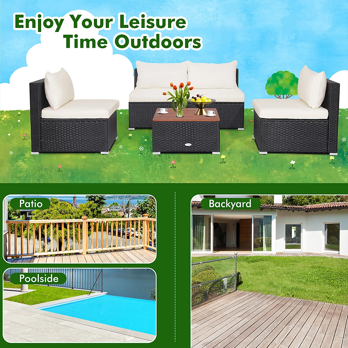 Costway 5 Piece Outdoor Wicker Garden Table & Sofa Set - Image 8