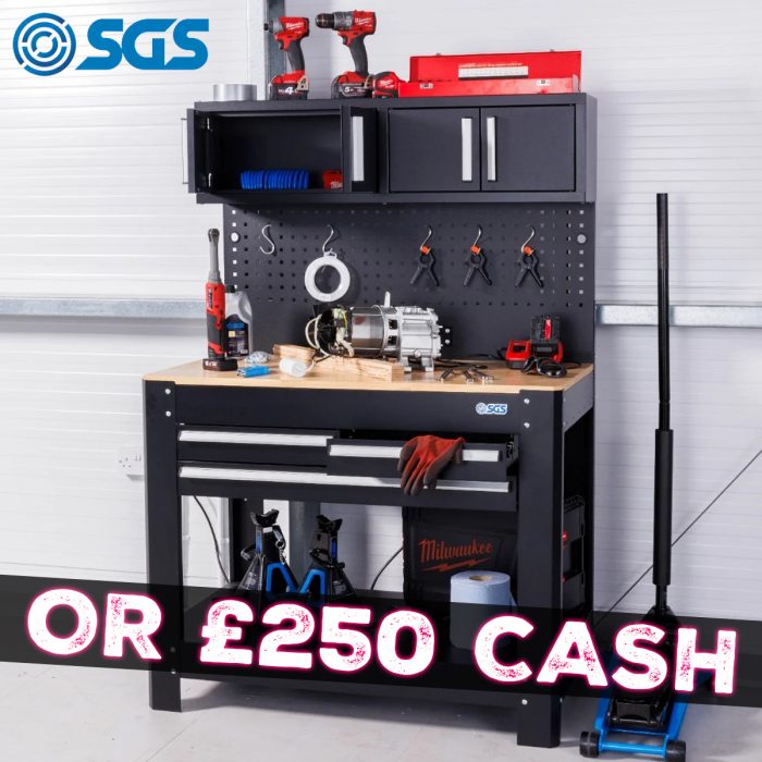 SGS Garage Workbench with Pegboard Wall Cabinets and Sockets