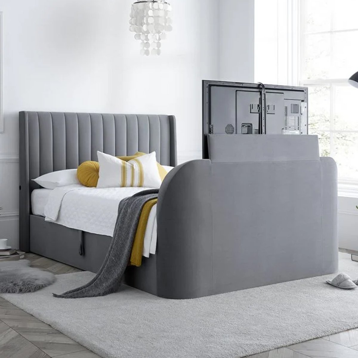 Luther Grey Velvet Winged Ottoman Electric Media TV Bed Frame & M...