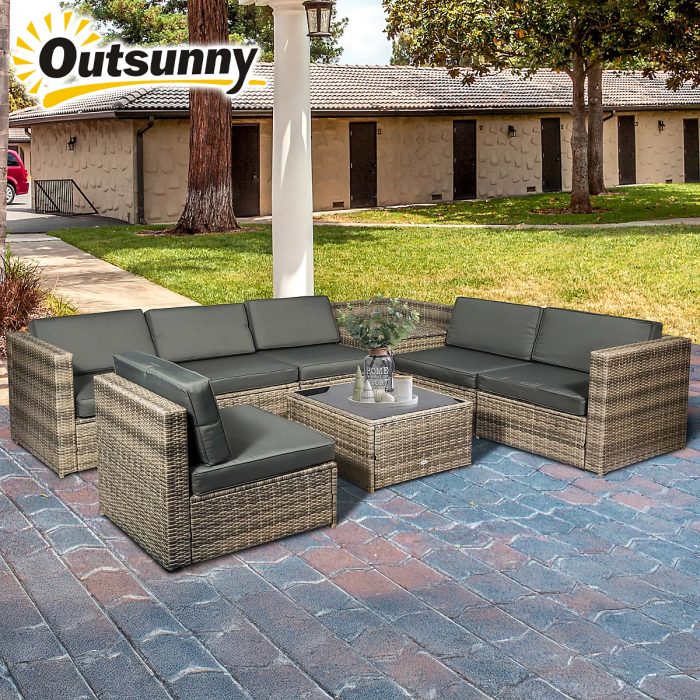 Outsunny 8 Piece Rattan Sofa Set with Side Table & Cushion