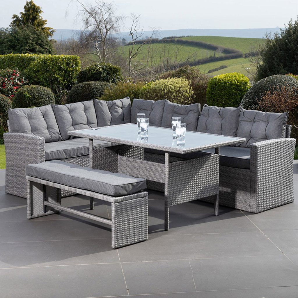 Artemis Home Piana Grey Outdoor Rattan Corner Sofa with Table and Benc...