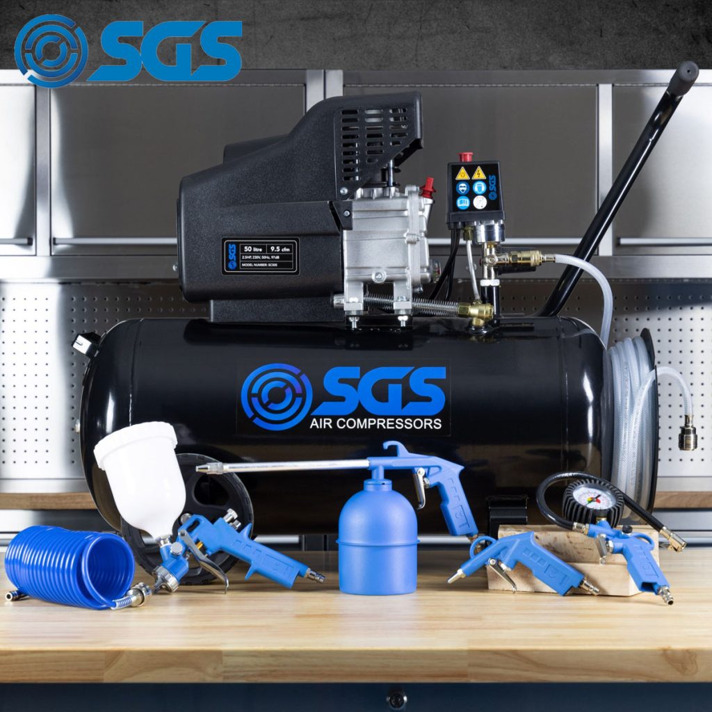 SGS 50 Litre Air Compressor & Hose Reel & 5 Piece Tool Kit